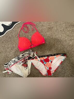 Bright Fuchsia Crochet Bikini Top + Floral & Zebra Mix Bikini Bottoms